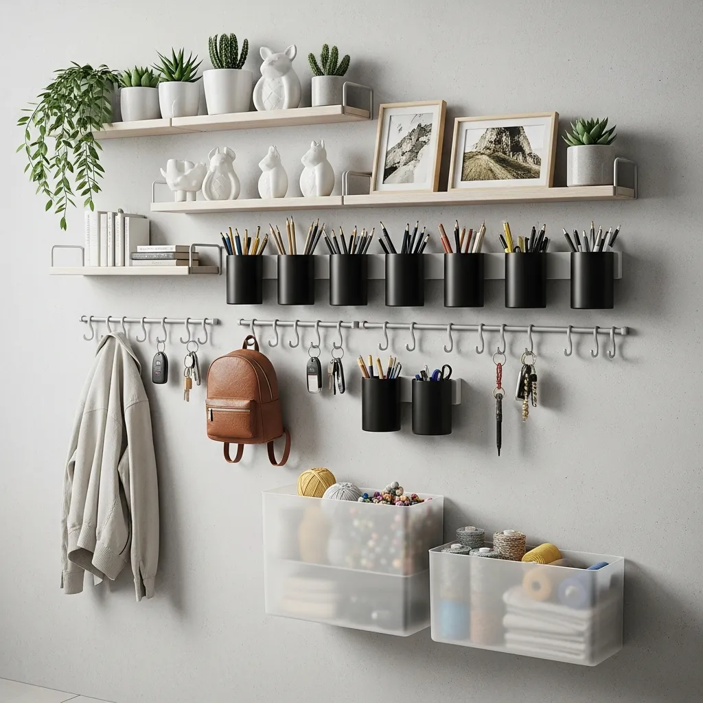 Wall Organization System with hooks, shelves, and containers